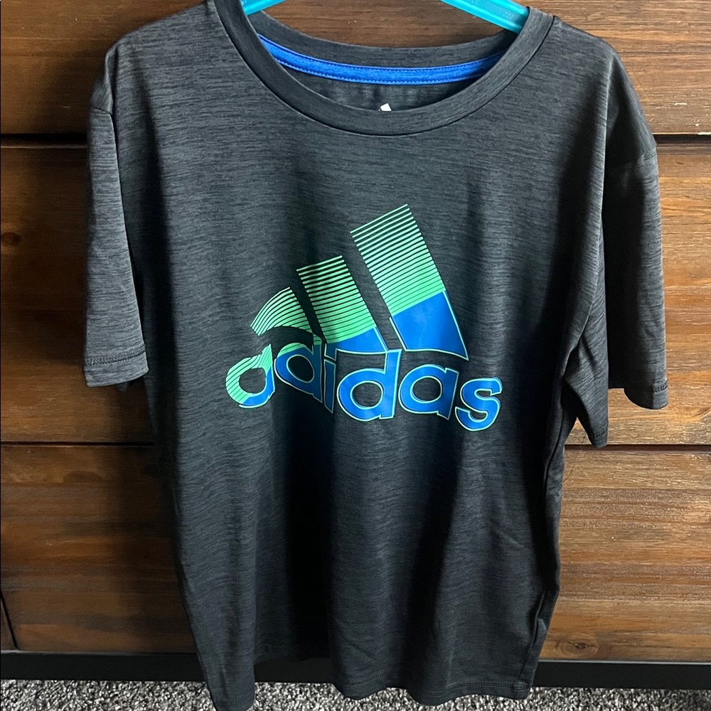 Adidas Kids Charcoal Tee with Vibrant Blue and Green Logo